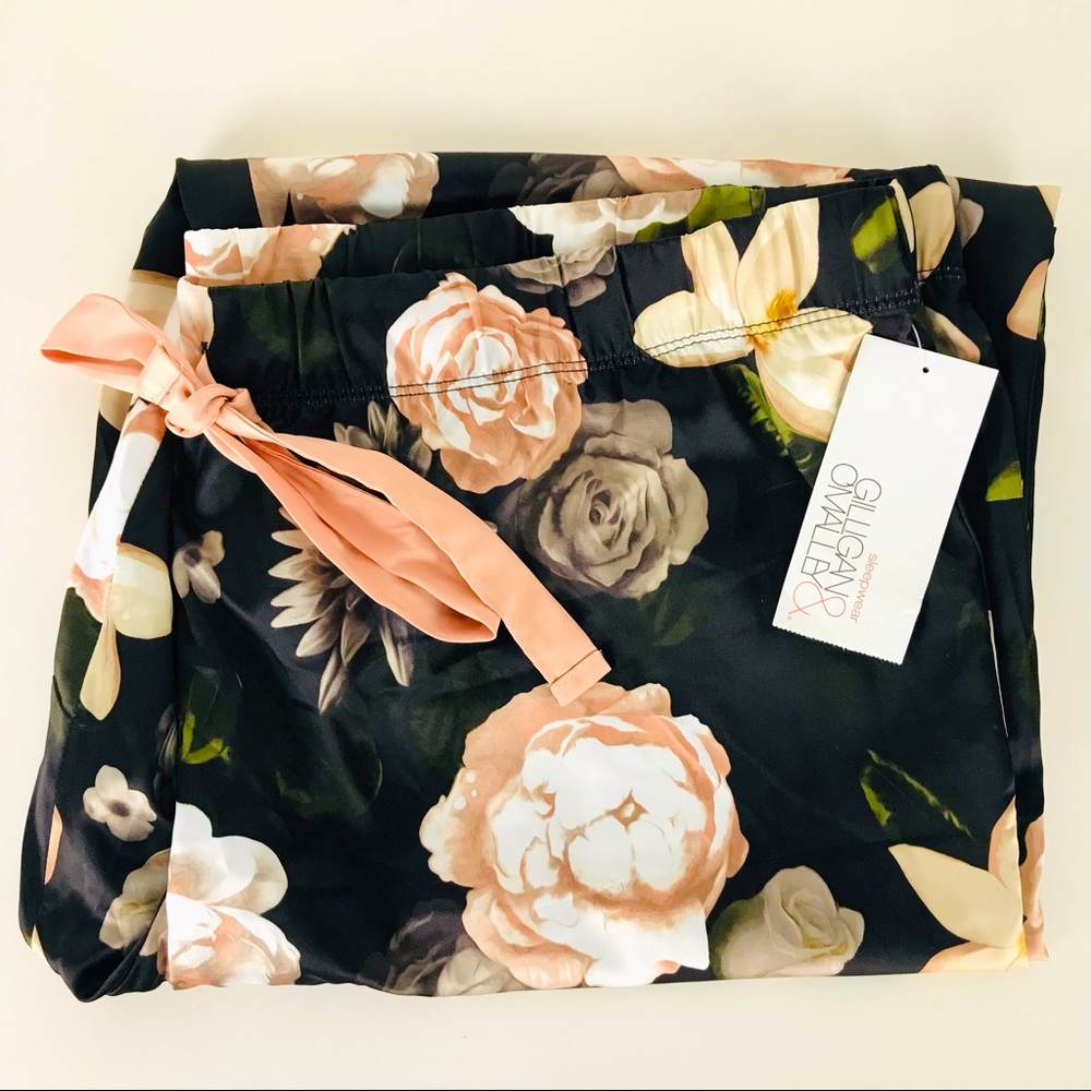 Gilligan & O'Malley Black Floral Satin Pajama Pants with Peach Tie